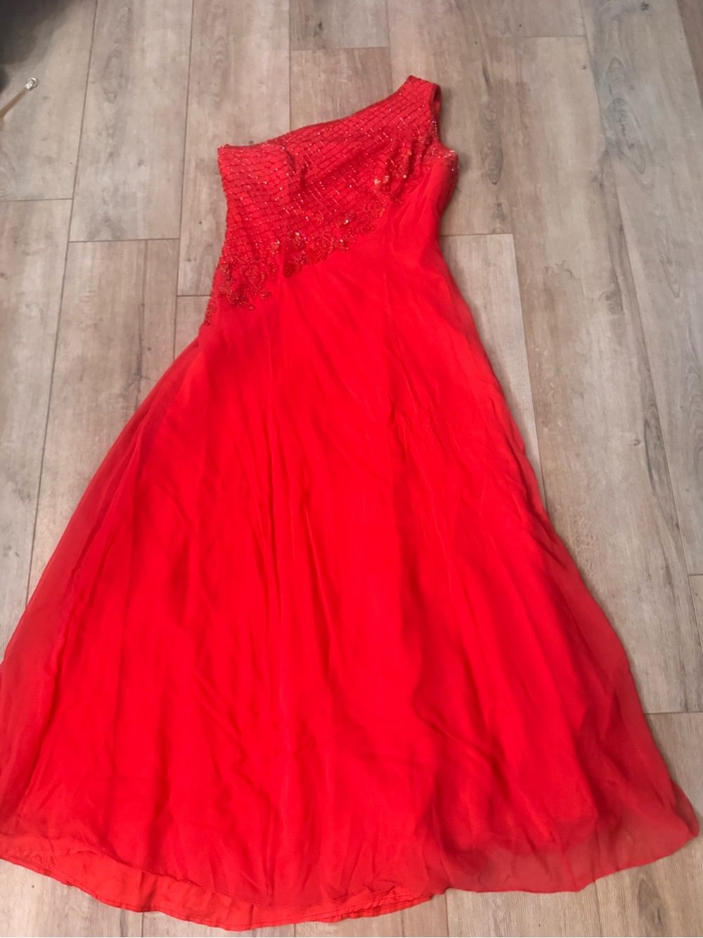 Scarlet One-Shoulder Evening Gown with Beaded Bodice